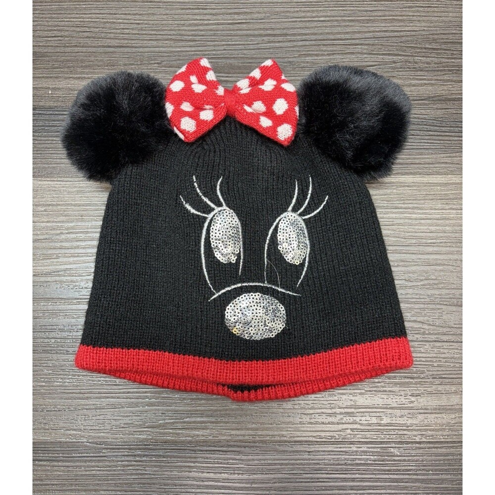 Disney Parks Minnie Mouse Beanie Youth One Size Pom Ears Sequin Face Red Bow